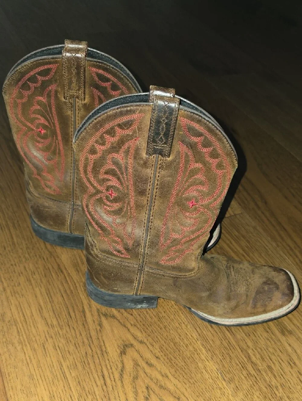 Ariat Kids Quick Draw Brown Cowboy Boots with Red Stitching Size 4